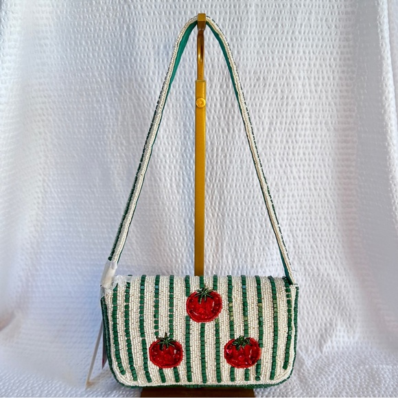 Beaded Red Tomato Green Stripes Shoulder Bag | Cottagecore Summer Vacation | NWT - Picture 8 of 8